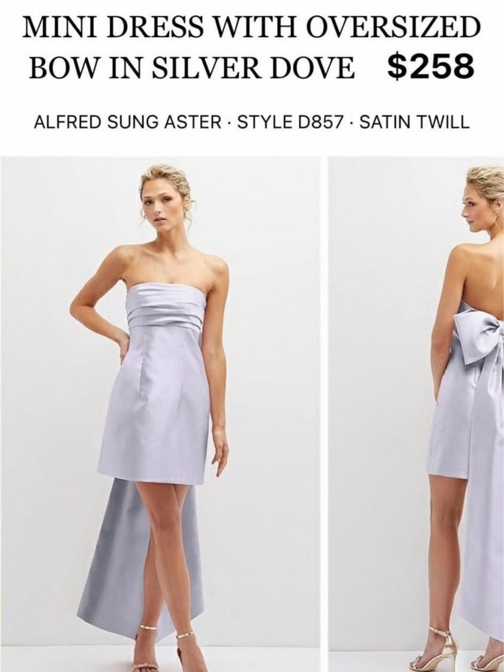 ALFRED SUNG Silver-Dove Strapless Mini Dress with Oversized Back Bow
